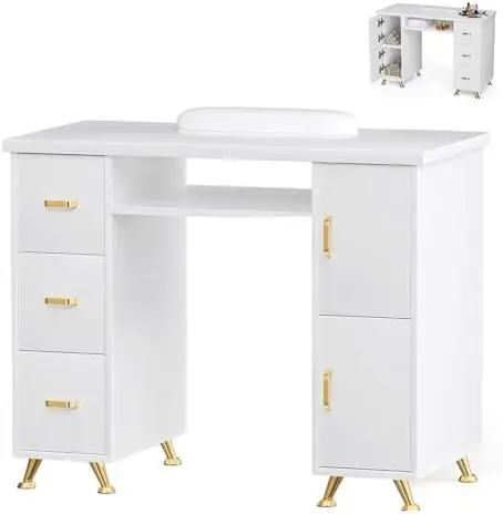 Manicure Table Acetone Resistant Nail Tech Desk White-Gold, Professional Nail Station with 3 Drawers & 2 Cabinets for
