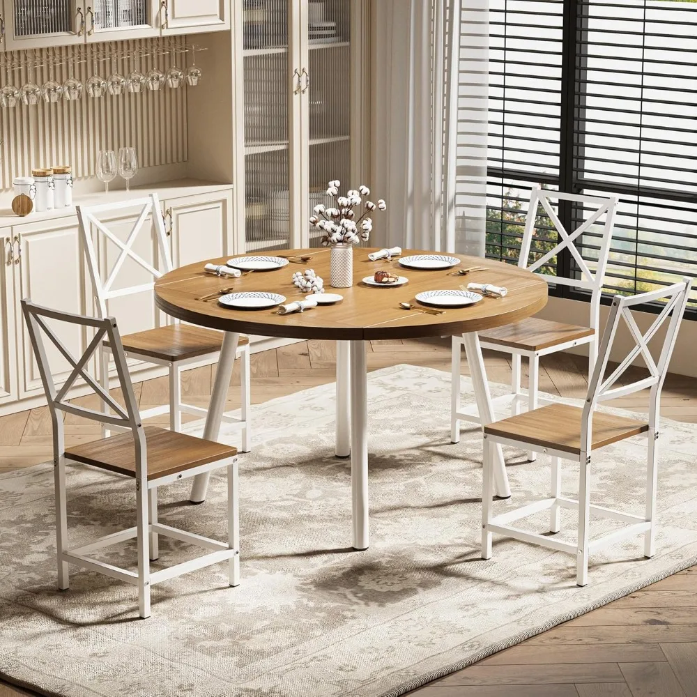 

Dining Table Set for 4, Round Kitchen Table and 4 Stool Chair for Dining Room, 44.5inch Drop Leaf Desk, Customized