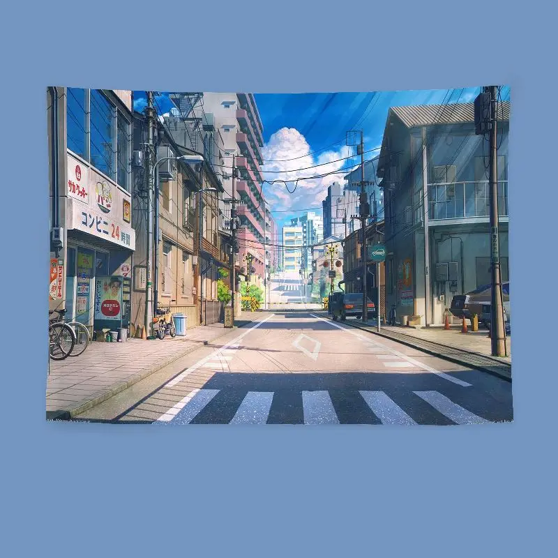 VIKAMA Japanese Bridge Tram Scenery Tapestry Wall Hanging Home Decor for Bedroom Living Room Dorm Blue Sky Clouds Riverside