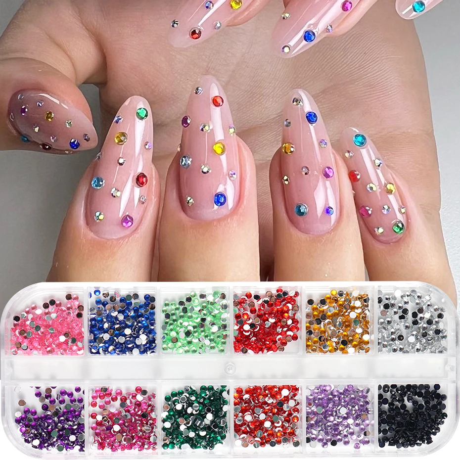 12 Colors Mini Crystal Nail Art Rhinestones 2mm Flatback Colorful Gemstones Versatile Decorations for Nails Jewelry Accessories