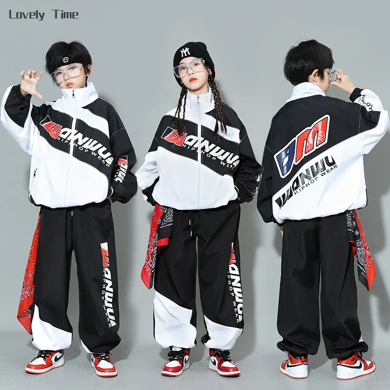 Hip Hop Girl High Collar Contrast Bomber Jacket Sport Pants Boys Street Dance Coat Streetwear Kids Children Jazz School Uniform