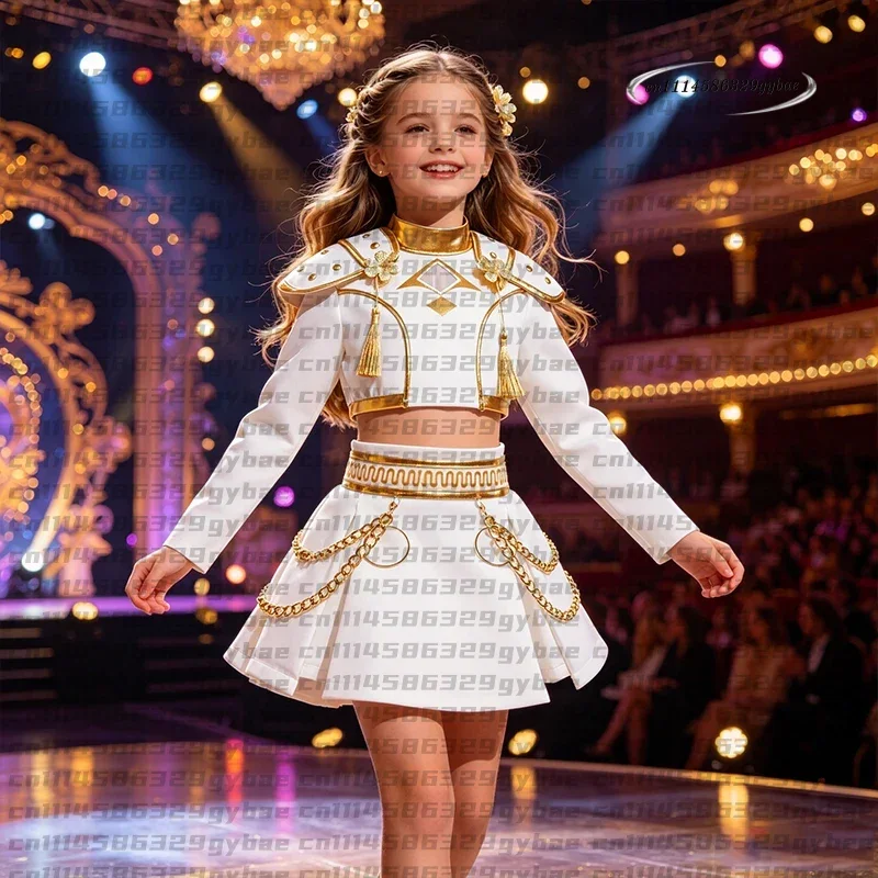 2026 Girls White Gold Cosplay Costume Set Shoulder Pads Design Chain Skirt Fashion Outfit for Halloween Birthday Party Role Play