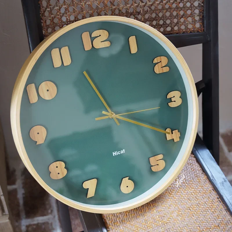 Green wall clock for home living rooms, Japanese minimalist solid 3D scale silent light luxury wall-mounted clock