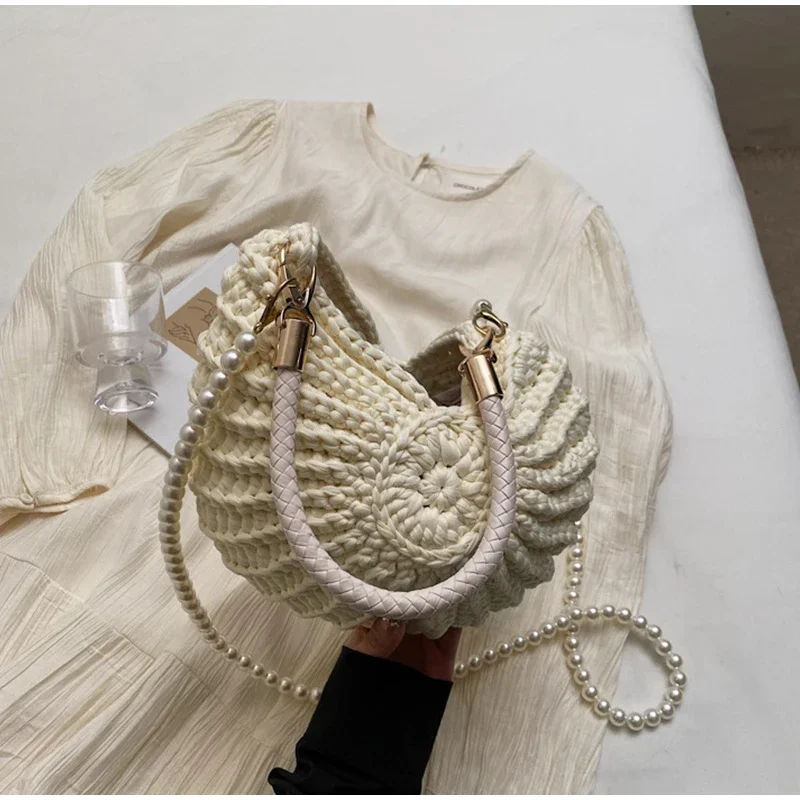 Conch Shell Knit Crochet Umhängetasche, Perlenkette, handgefertigte gewebte Damen-Umhängetasche, elegante, zarte, süße, kompakte Geldbörse – Detail 4