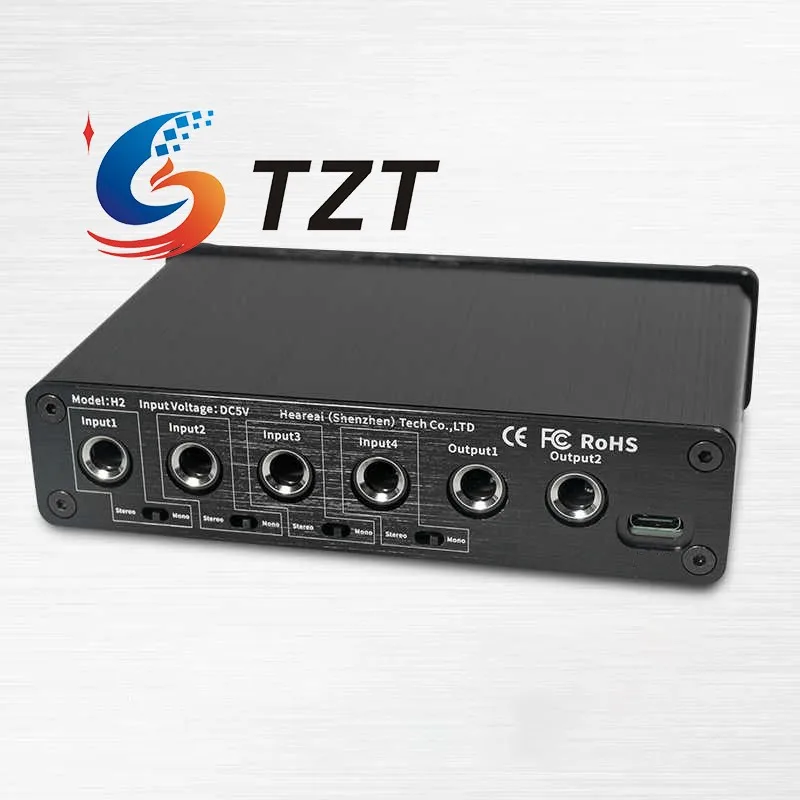 TZT Heareal H2 4 IN 2 OUT Audio Mixer 6.5mm Interface Mono/Stereo Switch Guitar Reverb Effector Audio Distributor