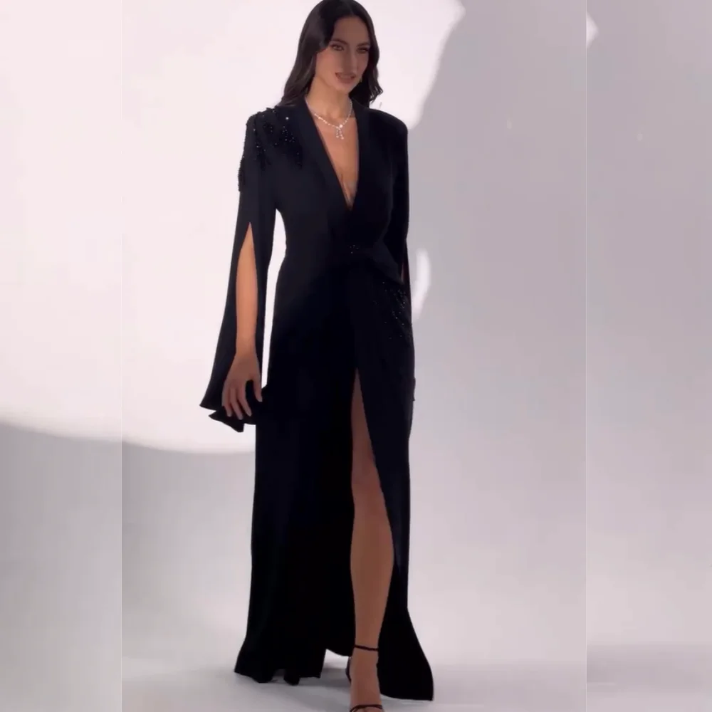 

Customized Formal Jersey Pleat Sequined A-line V-neck Long Dresses Bespoke Occasion Homecoming Chinese Style Classic