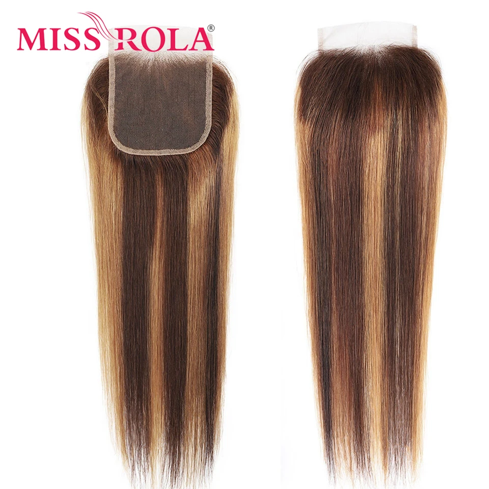 Miss Rola-Encerramento de Cabelo Liso Brasileiro, 100% Cabelo Humano, Cabelo Remy, Fechamentos de Renda 4x4, Marrom e Vermelho, 99J Highlight