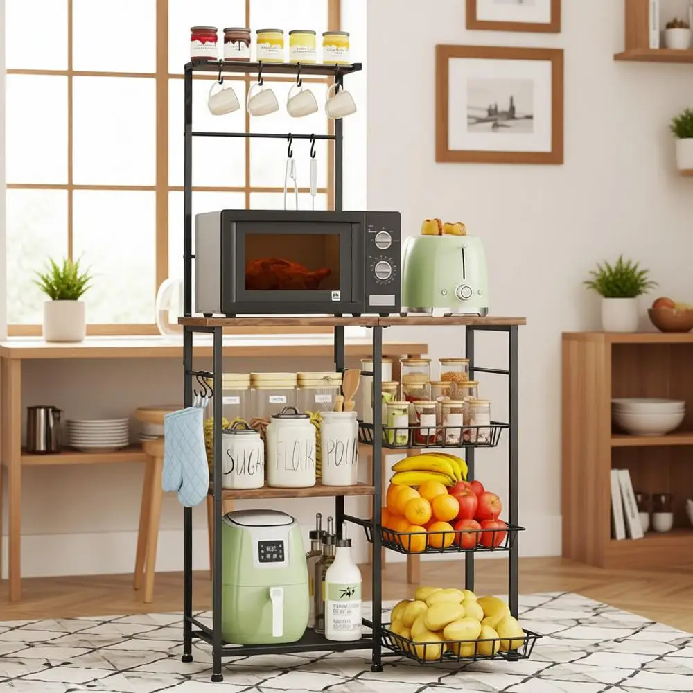 

Кофейный барный шкаф с полками для хранения, кухонная подставка с 8 крючками, корзинами и регулируемыми полками для организации кладовой