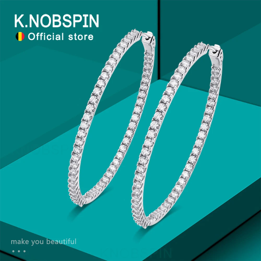 עגילי KNOBSPIN D VVS All Moissanite 925 כסף סטרלינג מצופה זהב לבן 18 קראט עם GRA עגילי חישוק יהלומים לנשים