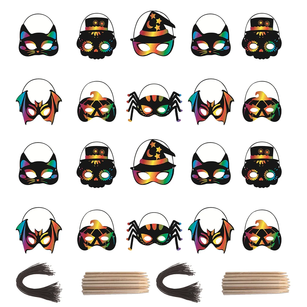 

28 Pcs Halloween Scratch Painting Toys Child Mask Party Favors Animal Paper Rainbow