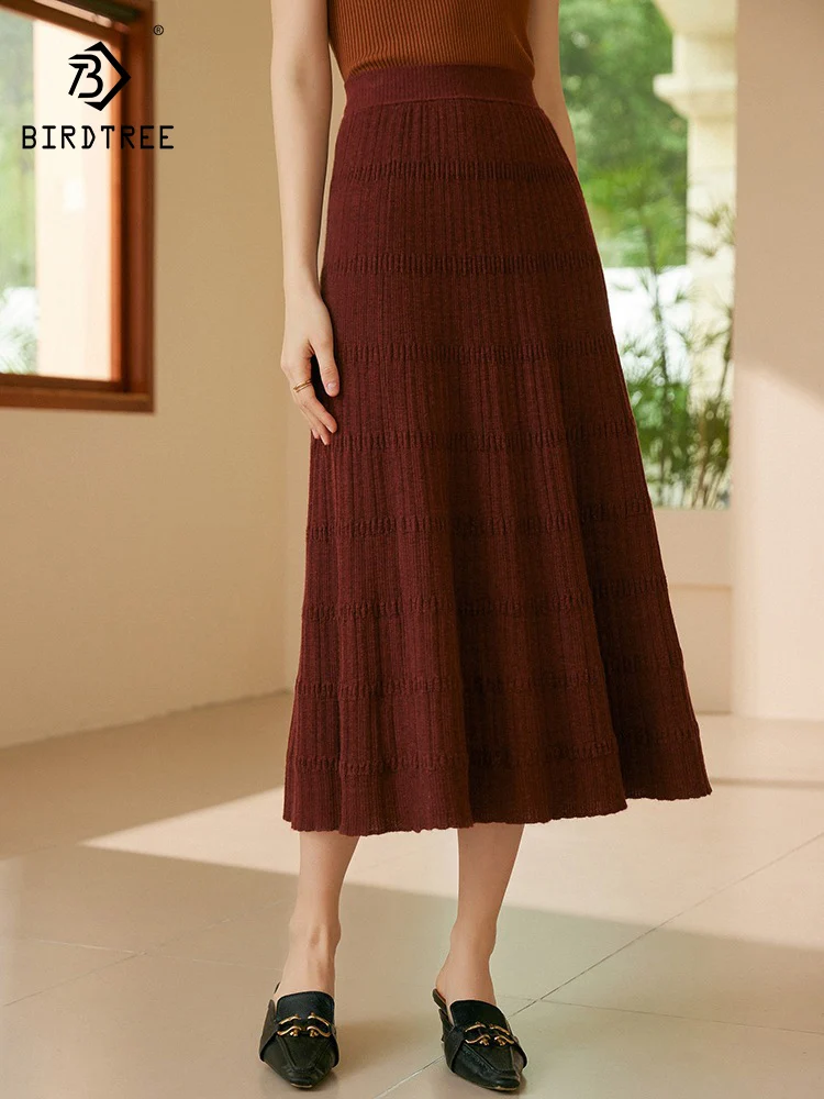 

BirdTree, 100%Pure Cashmere Skirt, Women Solid Appear Thin, Commute Loose Soft Bottom Knitting Skirt, 2024 Fall Winter B47175QC