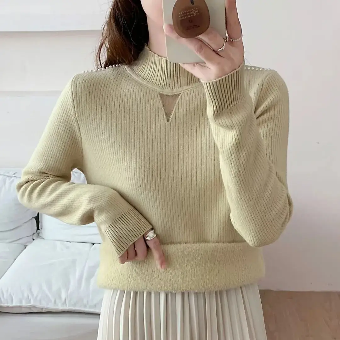 2024 Autumn/Winter New Thickened Velvet Sweater Hoodie Women's Bottom Sweater with Nail Bead Integrated Velvet Inner Knitted Top