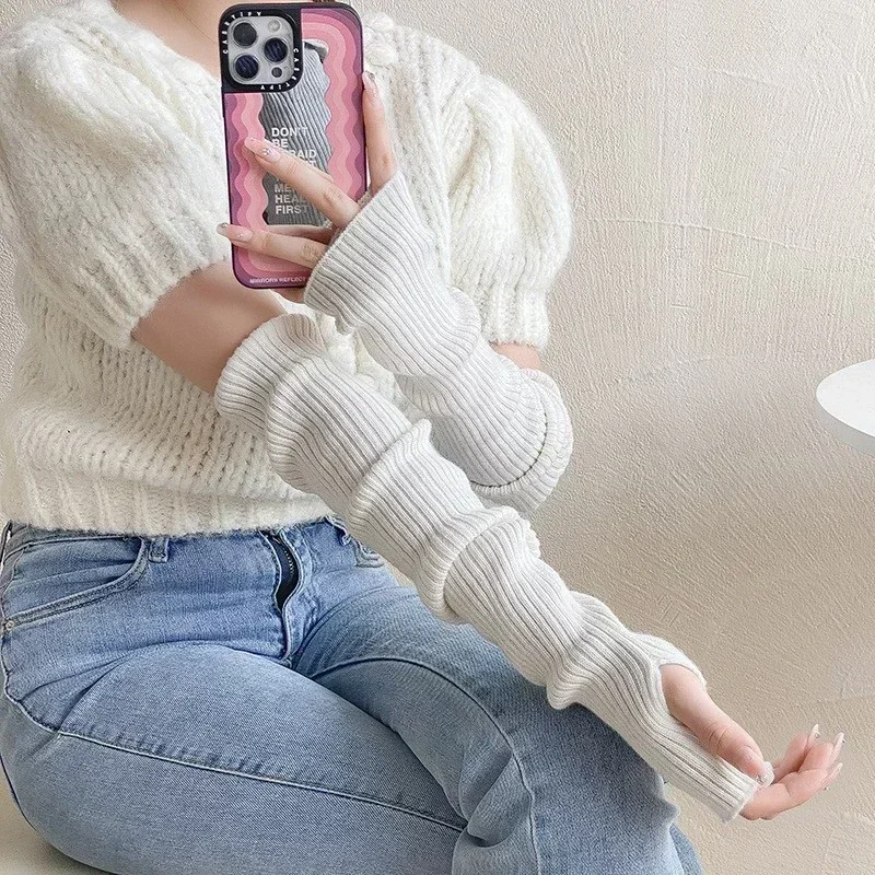 Women Long Fingerless Gloves Knitted Mittens Winter Arm Warmer Punk Gothic DIY Knitting Glove Y2K Girls Solid Gloves Arm Sleeves