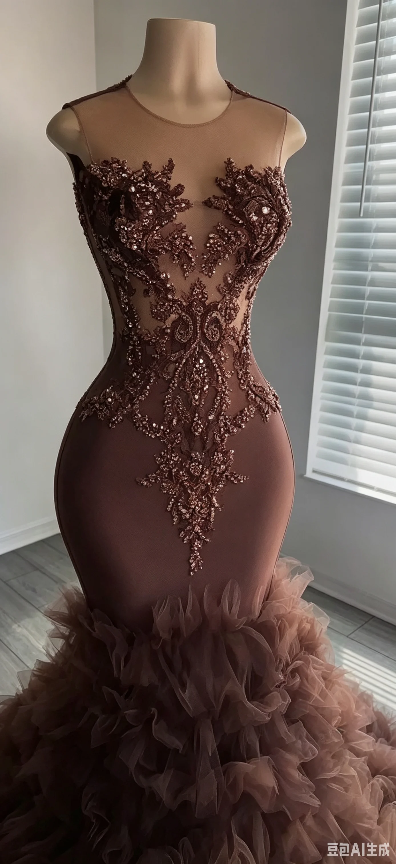 Brown Beaded Prom Dresses Luxury Black Girls Mermaid Diamonds Ruffles Buttom Wedding Party Birthday Graduation Evening Gown