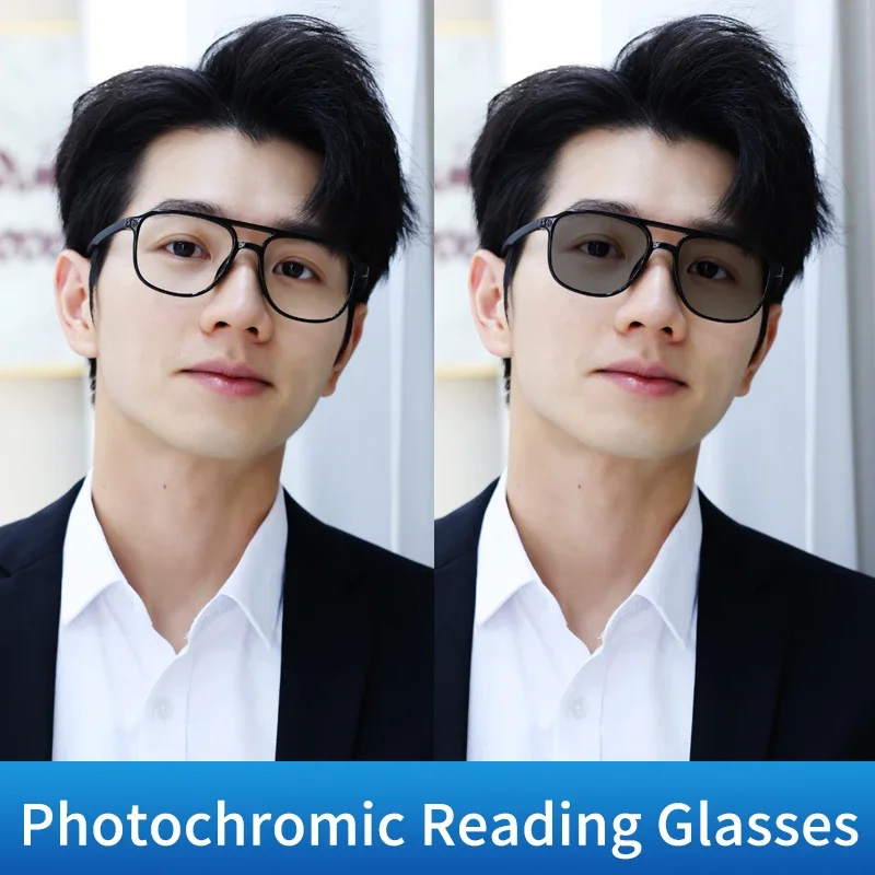 Photochromic Progressive Multifocal Reading Glasses Men Photochromic Lens TR90 Black Rectangle Seamless Transition Sunglasses