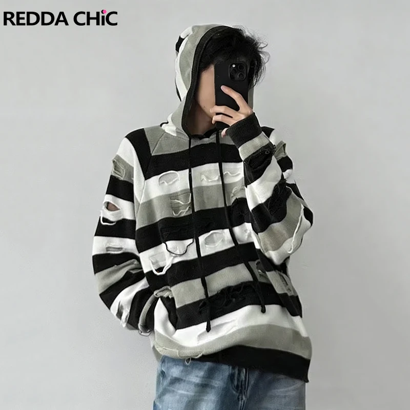 

REDDACHIC Striped Men's Hooded Sweater Ripped Color Block Long Sleeve Loose Fit Casual Pullover Top Vintage Korea Streetwear