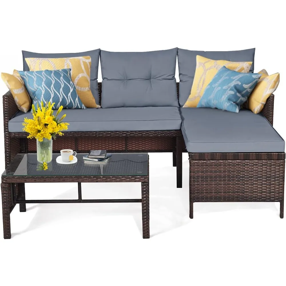

3 PCS Patio Conversation Set Sectional Rattan Wicker Sofa Set with Steel Frame & Seat Cushion, Outdoor Table & Sofa Furniture S