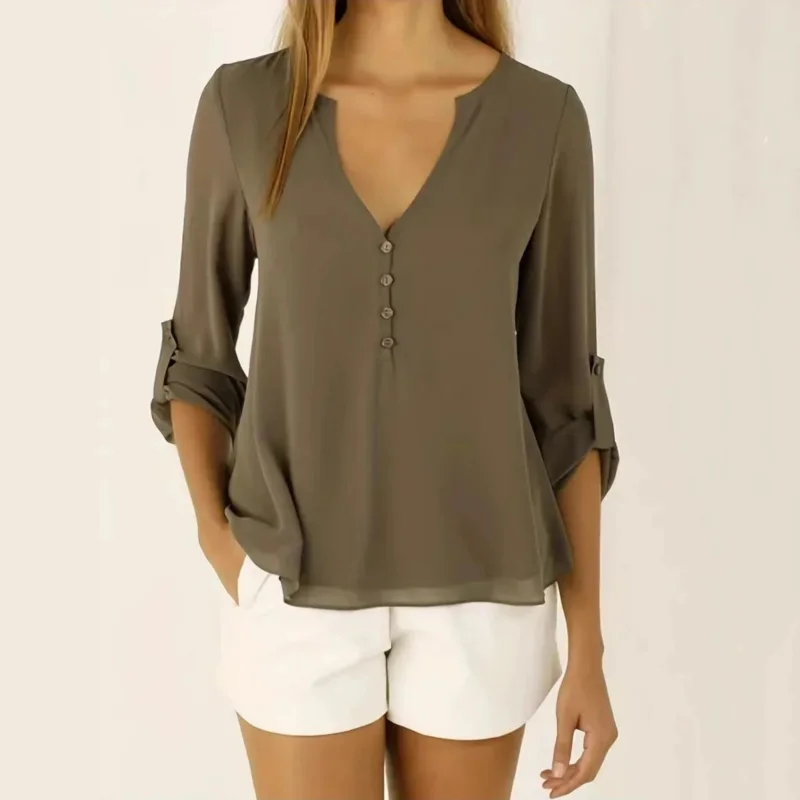 Women Summer Style Slight See Through Chiffon Blouses Shirts Lady Casual Long Sleeve V-Neck Solid Color Blusas Tops