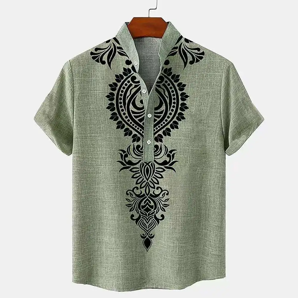 

Linen Men's Tribal Totem Short Sleeve Shirt Half Cardigan Button Stand Collar New Men's T-Shirt Shirt Linen Men's Top