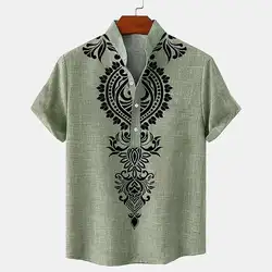 Linen Men's Tribal Totem Short Sleeve Shirt Half Cardigan Button Stand Collar New Men's T-Shirt Shirt Linen Men's Top