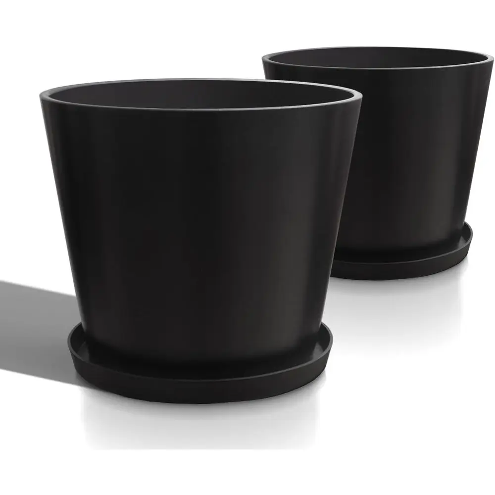 

Set of 2 Large Round Black Resin Planters for Indoor or Outdoor Use, 16 Diameter x 14 Height