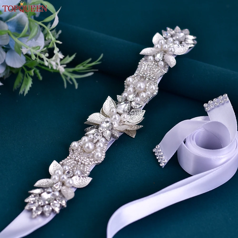 TOPQUEEN Handmade Bridal Belt Wedding Accessories Silver Alloy Leaves Pearl Rhinestone Sash Women'S Evening Dress Girdles S65