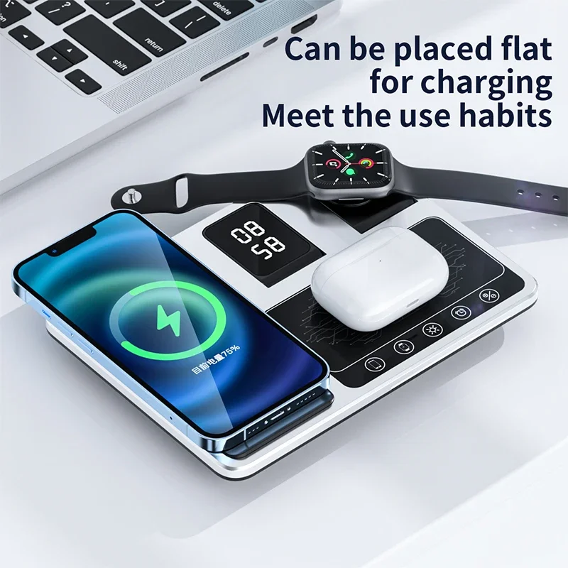 4 in1 Wireless Charger Dock Alarm Clock Fast Charger Stand for iphone 14 13 12 for iWatch Airpods Mobile Phone Charging Station