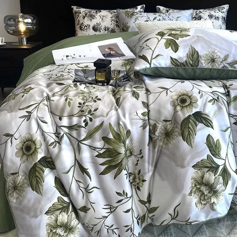 Imagem -03 - Vintage Verde Botânico Flores Duvet Cover Grupo Algodão Egípcio 600tc Conjunto de Cama Macia de Luxo Colcha Lençol Fronhas