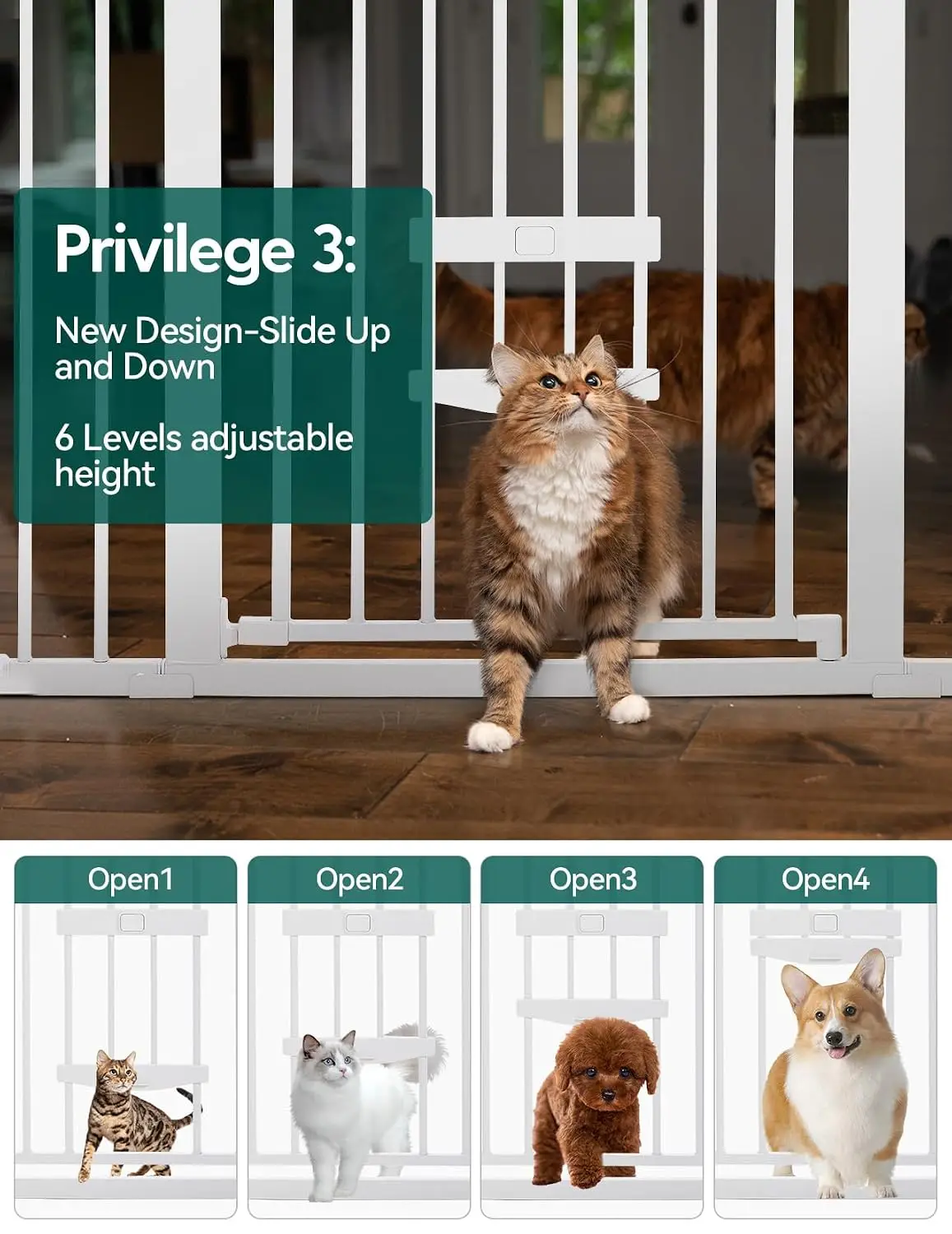Auto Close Pressure Mounted Pet Gate 29 40 Inch Wide Stair Doorway Cat Door 6 Level Adjustable Metal No Drilling White
