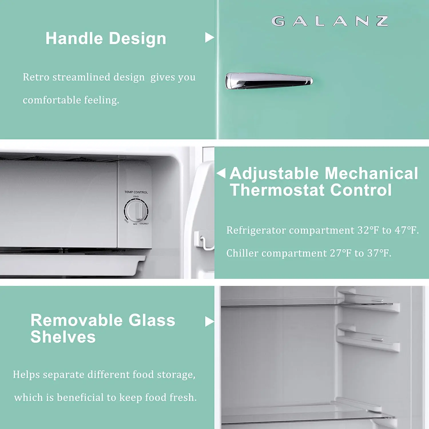 Galanz GLR33MGNR10 Retro Compact Refrigerator, Single Door Fridge, Adjustable Mechanical Thermostat with Chiller, Green, 3.3 Cu