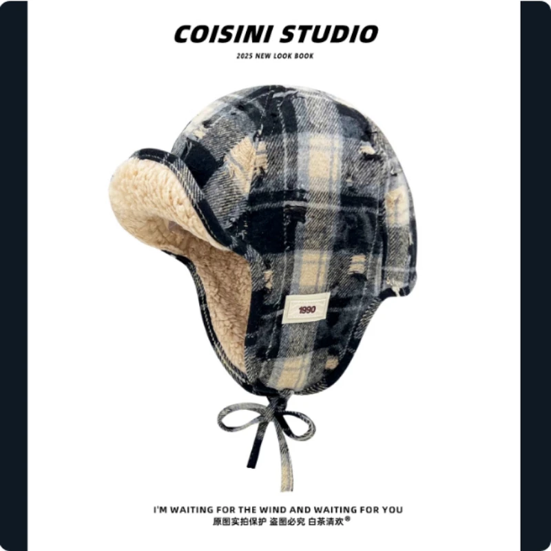 جديد ريترو ممزق منقوشة الرجال لي فنغ قبعة الشتاء في الهواء الطلق الصوف الدافئة ومتعددة الاستخدامات واقي أذن الدانتيل متابعة Bomber القبعات للنساء