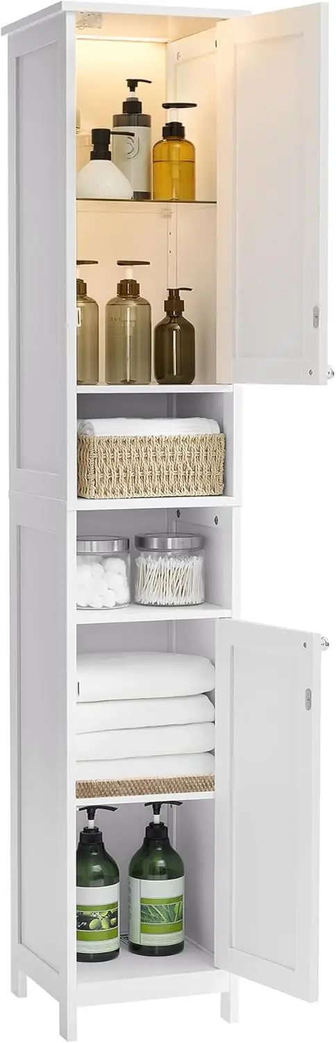 

Tall Bathroom Cabinet with Lights, Slim Bathroom Storage Cabinet, Freestanding Narrow Cabinet with Adjustable Shelves, f