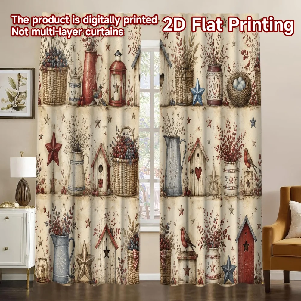 2D FLAT PRINTING 2pcs Curtains (Without Rod) Rustic Farmhouse Decor Popular Fashionable Curtains Yarn Curtains Crescent Moon for