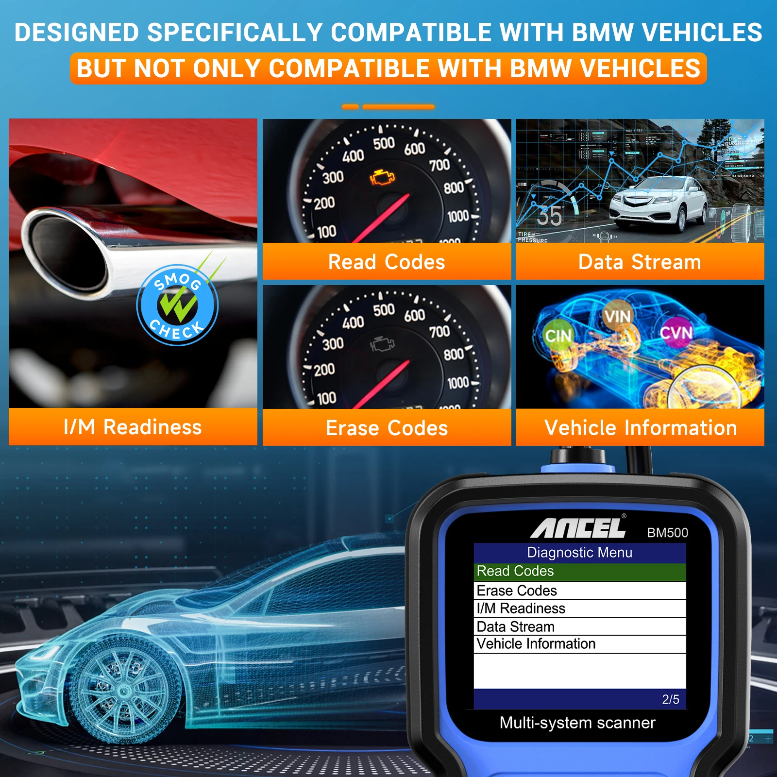 ANCEL BM500 OBD2 Automotive Scanner for BMW E93 E65 Professional Airbag EPB SAS SRS TPMS Reset OBD2 Car Diagnostic Scan Tool