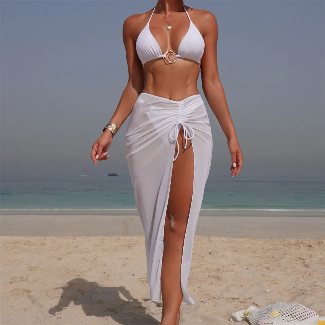 Mit Rock, Neckholder, Metallring, Bikini, Damen-Badeanzug, Damen-Bademode, dreiteiliges Bikini-Set, gepolsterter Badeanzug, Badebekleidung, Schwimmanzug V7812 – Detail 2