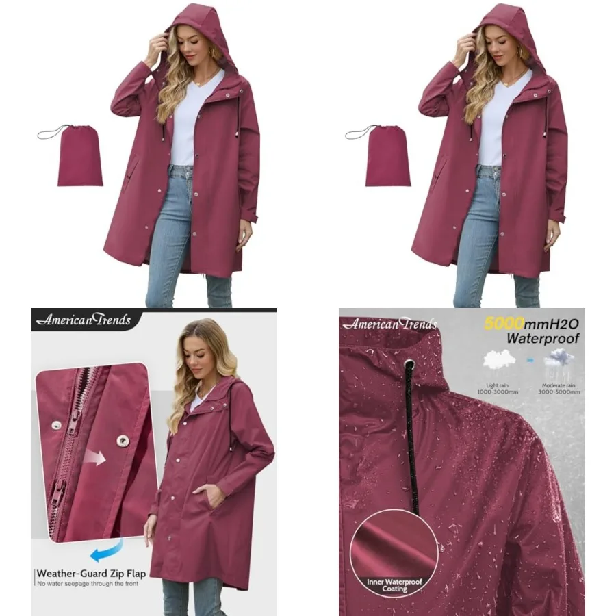 American Trends Packable Waterproof Rain Jacket Women with Hood Raincoat Windbreaker Long Hooded Trench Coats S-2XL Available