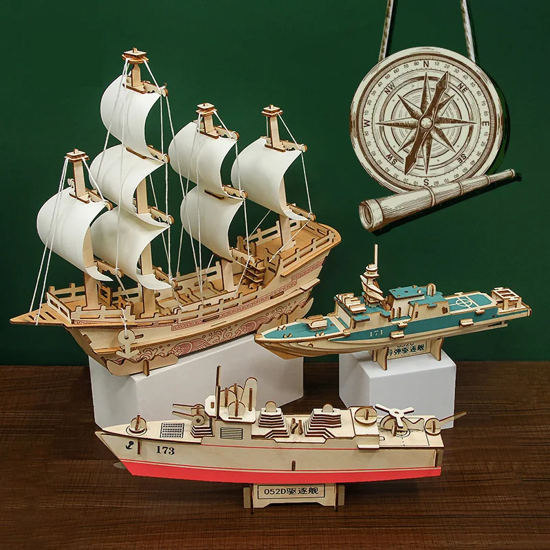 

3D Wooden Ship Jigsaw Toys Learning Building Robot Model DIY Sailing Boat Plane Puzzle Aircraft Gift Kids Car Toy for Children