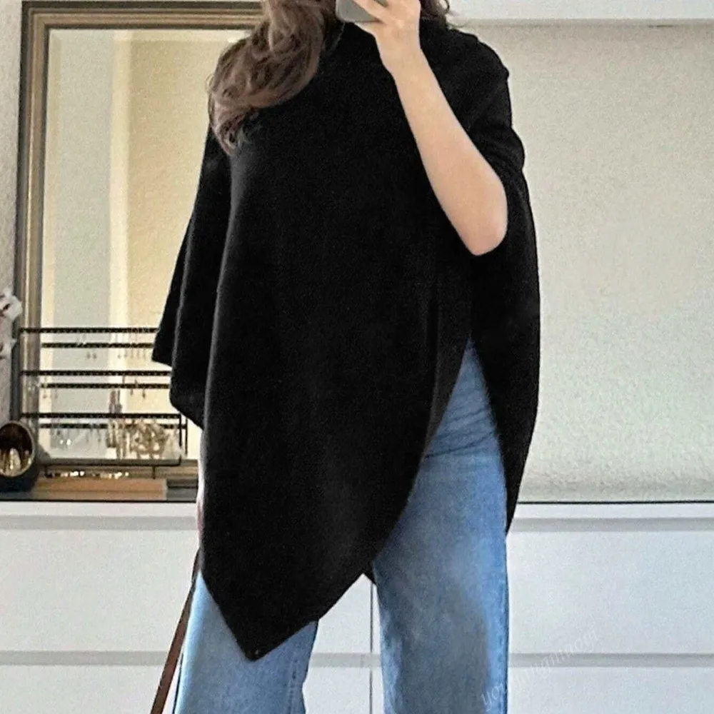 Fashion Irregular Hem Knit Poncho Sweater Loose Fit Soft Shawl Pullover Top Long Sleeve Solid Color Casual Knit Tops Outerwear