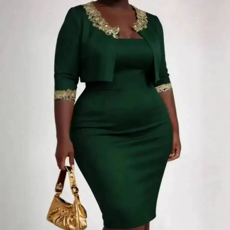 

Plus-size Women's Green Elegant Bodycon Dress, Plus-size Lace Jacket For Concealing Body Shape, Two-piece Party Dress Set Y2K