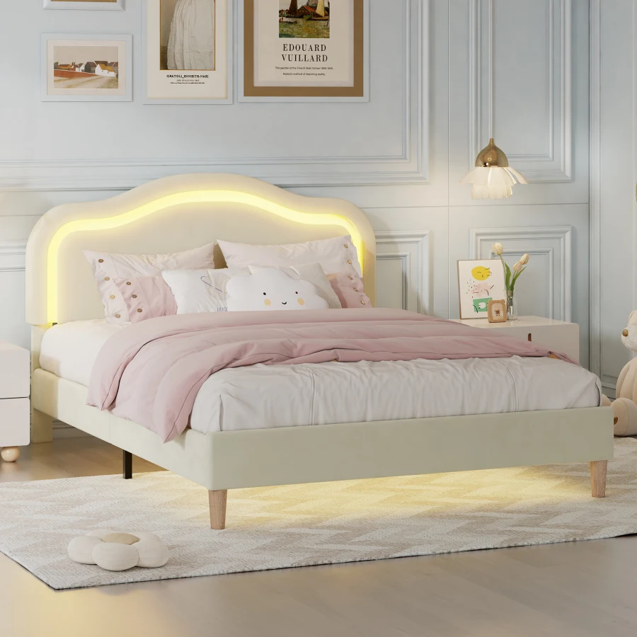 Full Size Velvet Upholstered Smart LED Bed Frame with Adjustable Height board No Box Spring Needed Easy Assembly Beige