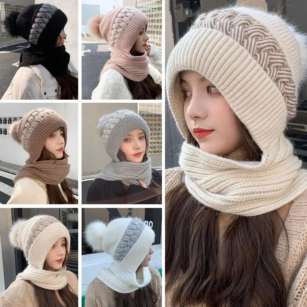 Hat Scarf Women's Plus Velvet Thickened Wool Hat Ear One-piece Windproof Protection Warm Cold-proof Hat Knitted Cycling Hat V0W5