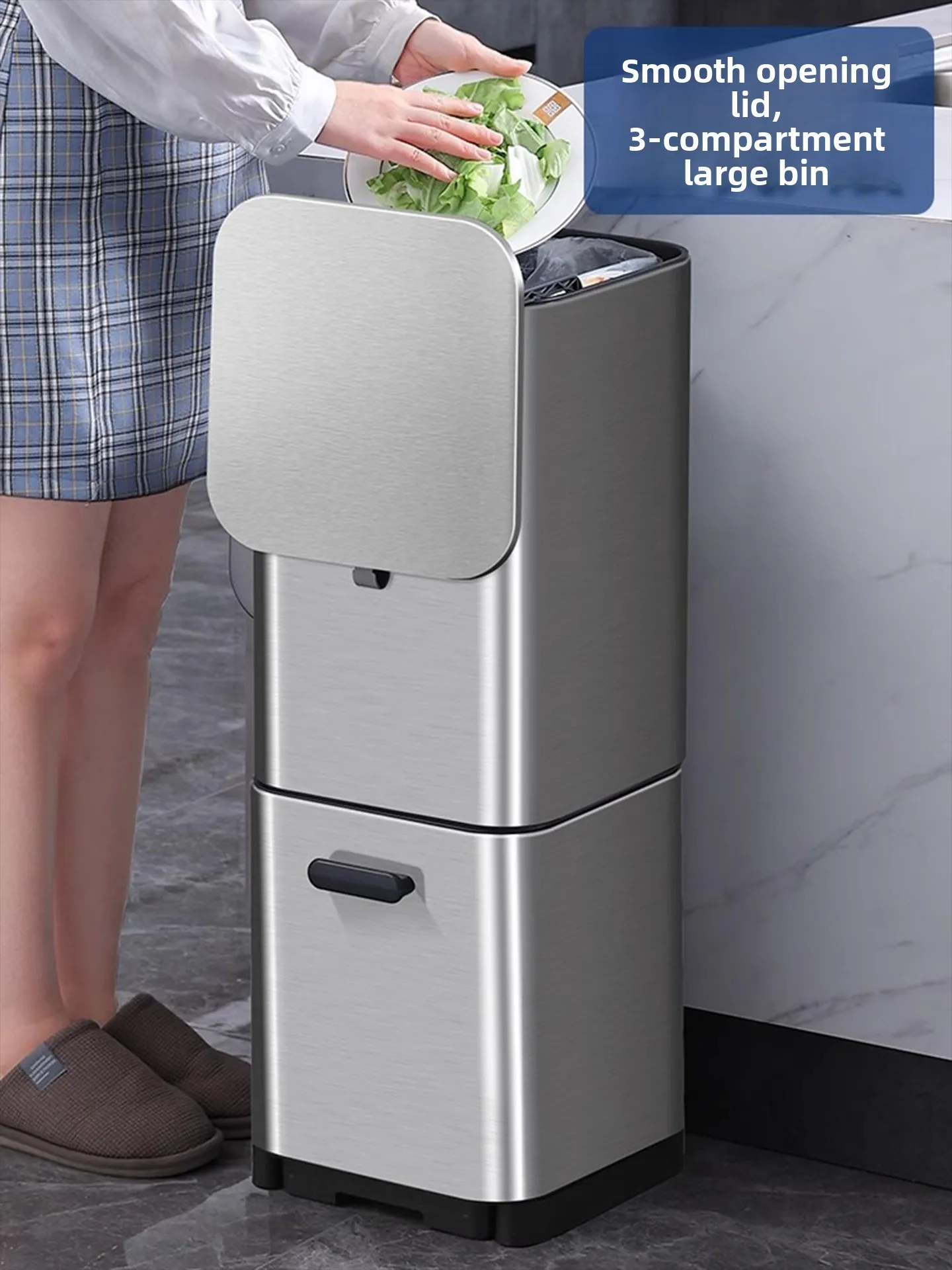 

Household double-layer large capacity kitchen trash can no bending over required hygienic sorting bin stainless steel with lid