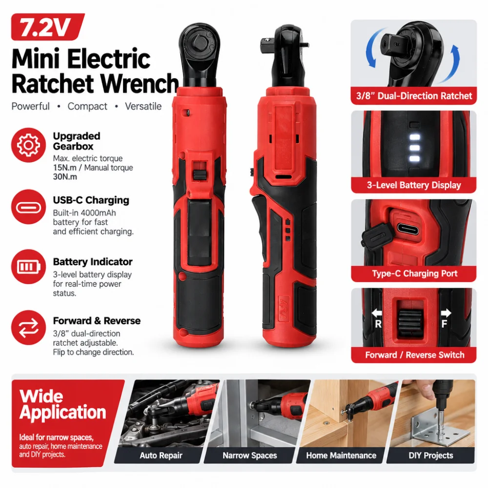 7.2V Electric Ratchet Wrench, 3/8-inch Electric/Manual Rechargeable Wrench, Automotive Repair Tool, Type-C Connector