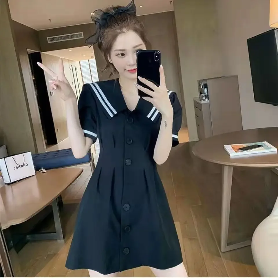 Korean Version of The Navy Collar White Mini Dress Women\'s Summer Preppy Retro Japanese Style Single-breasted Waist Shirt Skirt