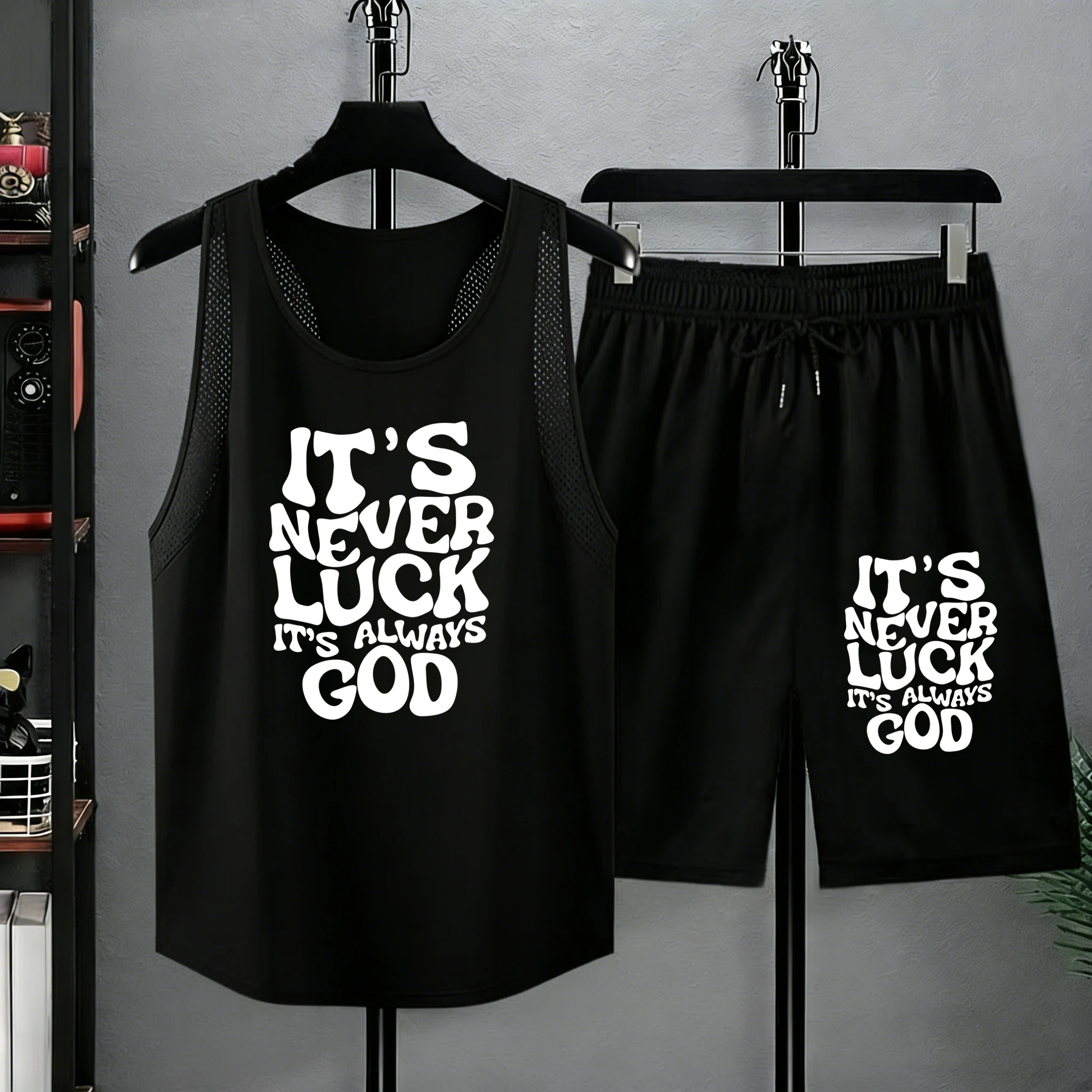 

It'S Never Luck It'S Always God Printed Summer Man Sport Shorts Lightweight Vest Set Pocket Beach Pants Fitness Quick Dry Tops