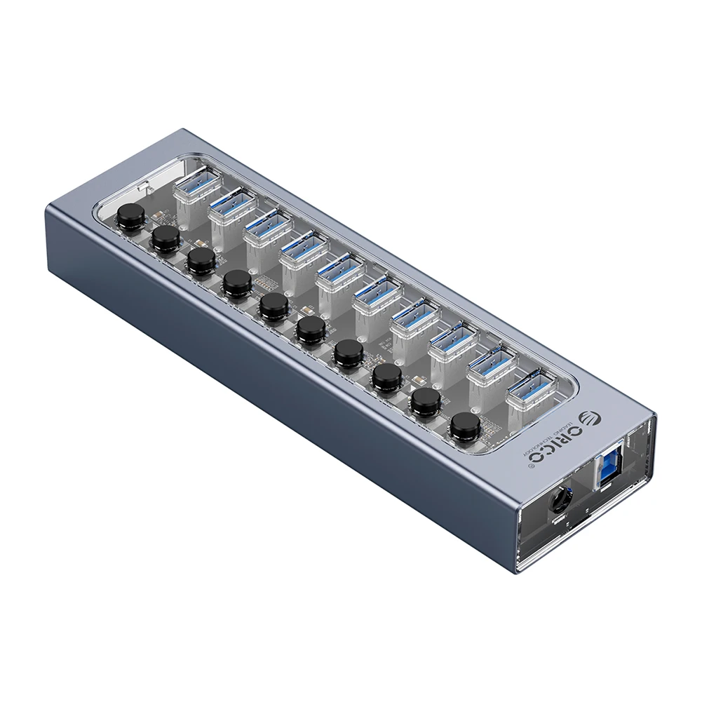 Imagem -01 - Hub Alimentado com Carregador Rápido qc Interruptores Independentes Divisor Usb Adaptador Expansor Usb 3.0 Portas 10 Portas Macbook Orico-at2u3 hub alimentado com carregador rapido qc interruptores independentes divisor usb adaptador expansor usb 30 portas 10 portas macbook orico at2u3 01