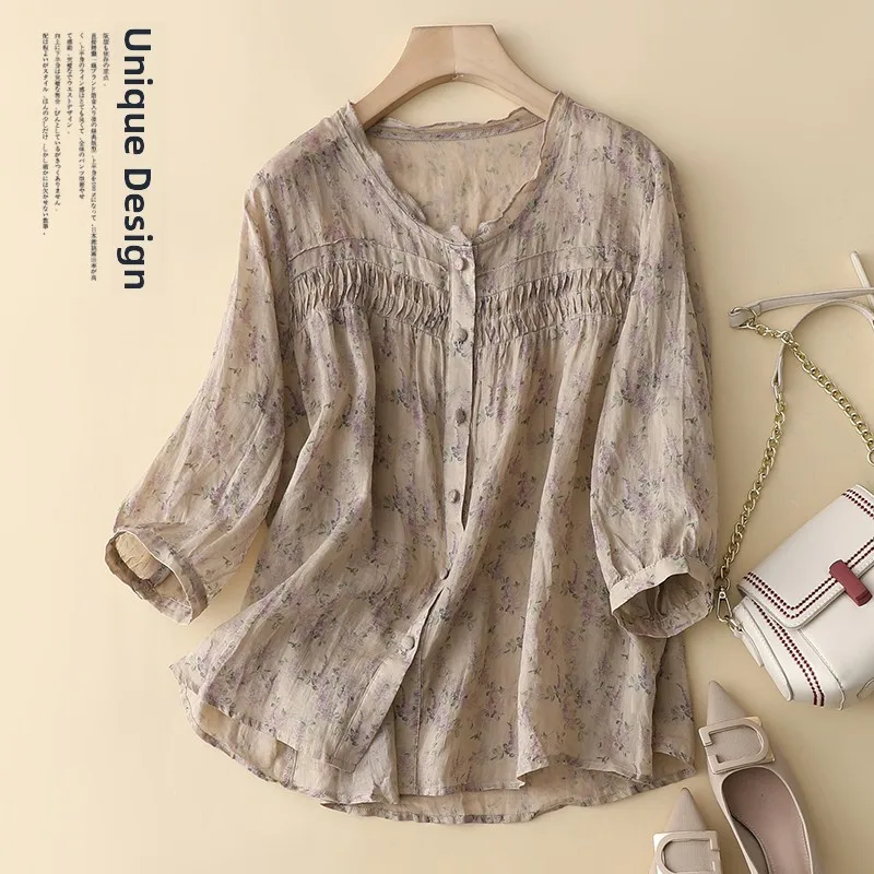 

Ele Floral Cotton Linen irt Women's Faionable Summer Top Age-Defng irt Japanese Sle Vintage Print Loose Fit