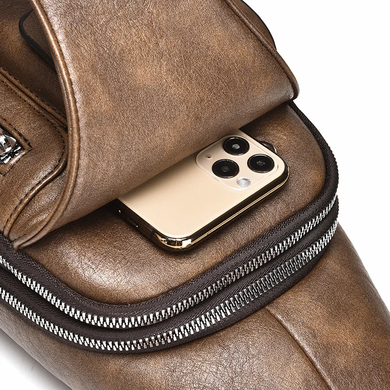 Vintage Soft Leather Men's Chest Bag Multifunction Shoulder Crossbody Bag Sports Satchel Bag Zipper Pack Man Sling Bag