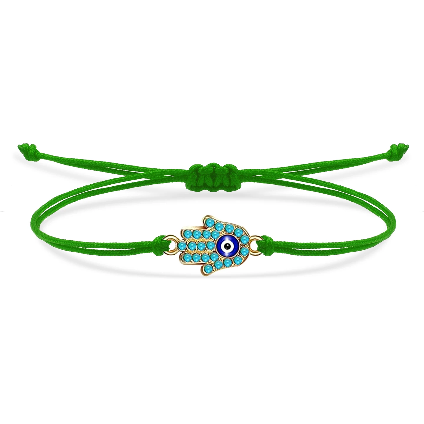 Zinc Alloy Blue-Green Stones Hamsa Hand Of Fatima Evil Eye Lucky Charm Bracelet Women New Fashion Red String Handmade Bracelet