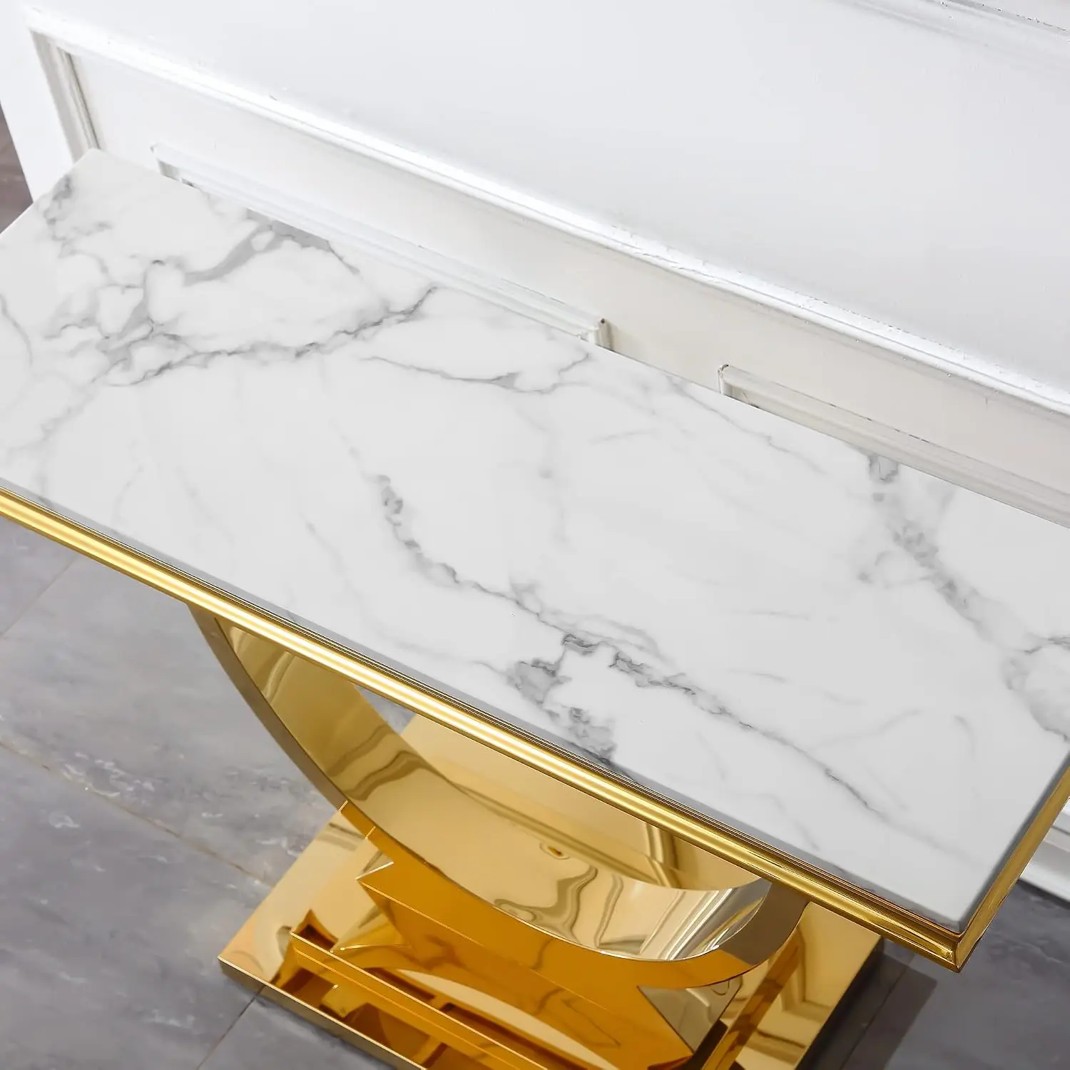 47" White Faux Marble Console Table Gold U-Shape Base Mirrored Stainless Steel Frame Entryway Living Room Hallway, Customized view 4